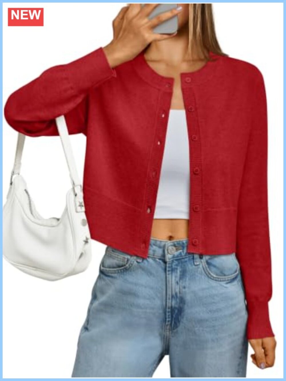 Cropped Lightweight Cardigan Sweater Women Crew Neck Button Down Knit